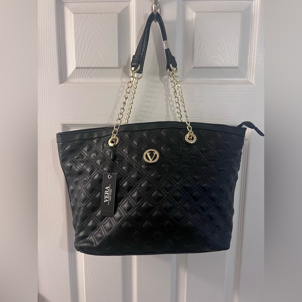 Vera Black Quilted Tote Bag with Gold Accents